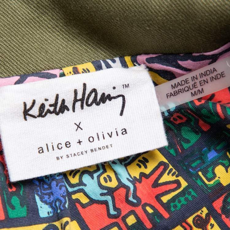 Pre Owned Alice + Olivia & Keith Harring Green Denim Patchwork Detail Russo Jacket M