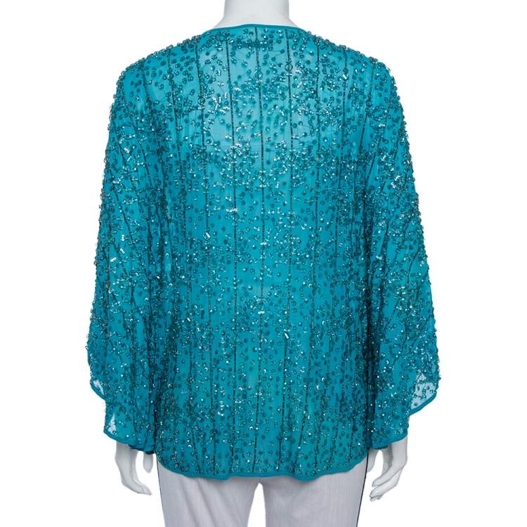 Pre Owned Alice + Olivia Blue Bead Embellished Chiffon Open Front Draped Shrug L