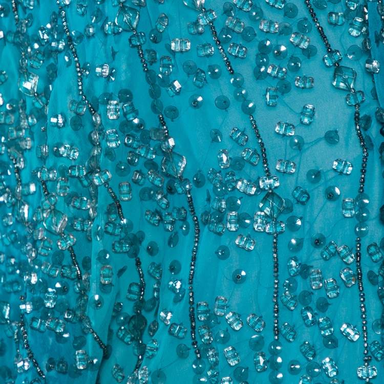 Pre Owned Alice + Olivia Blue Bead Embellished Chiffon Open Front Draped Shrug L