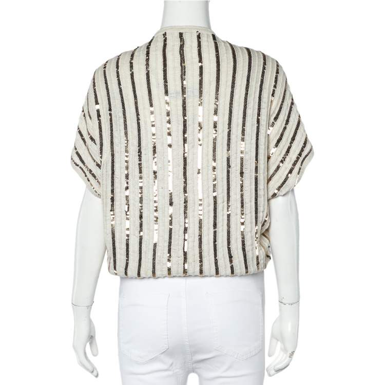 Pre Owned Alice + Olivia Oatmeal Cotton Sequin Embellished Harlow Shrug M