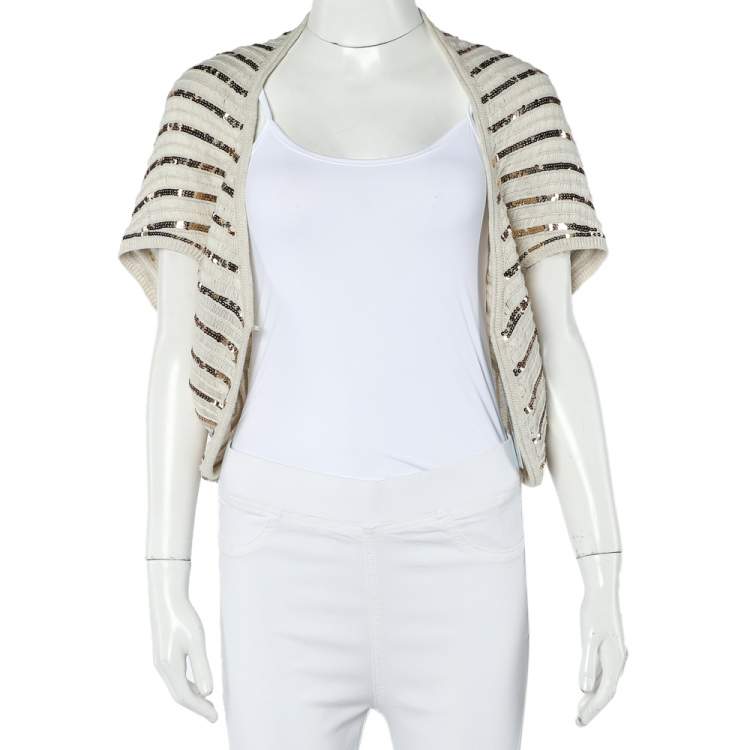 Pre Owned Alice + Olivia Oatmeal Cotton Sequin Embellished Harlow Shrug M