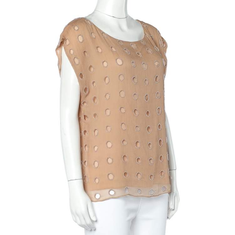 Pre Owned Alice + Olivia Beige Silk Bead Embellished Sleeveless Top L