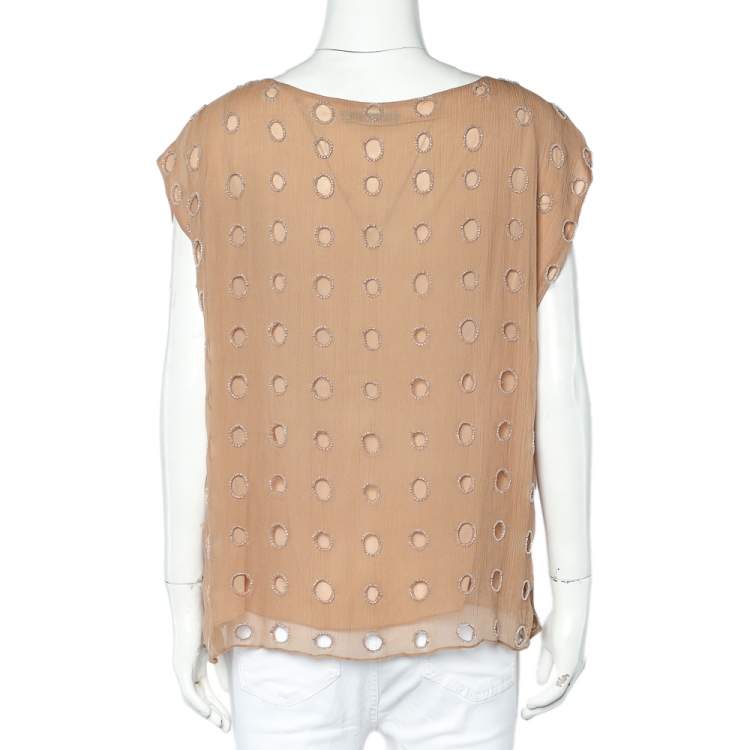Pre Owned Alice + Olivia Beige Silk Bead Embellished Sleeveless Top L
