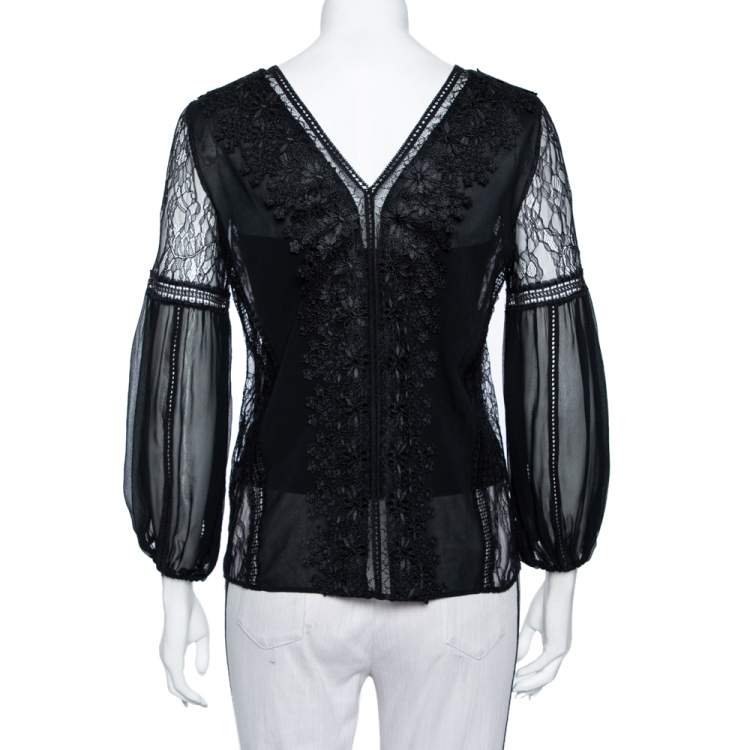 Pre Owned Alice + Olivia Black Lace & Chiffon  Floral Applique Detail Plunge Neck Top S