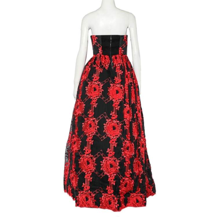 Pre Owned Alice + Olivia Black & Red Floral Embroidered Strapless Gown XS   