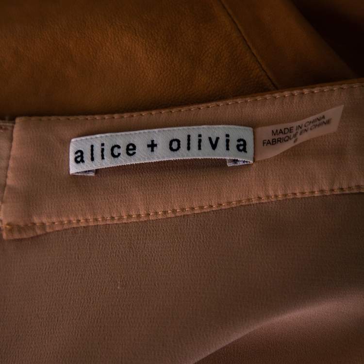 Pre Owned Alice + Olivia Camel Brown Leather Pleat Detail Mini Skirt M