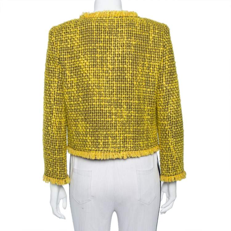 Pre Owned Alice + Olivia Yellow Tweed Hook Front Collarless Celeste Jacket M