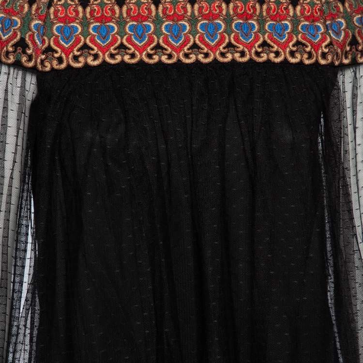 Pre Owned Alice + Olivia Black Embroidered Tulle Off-Shoulder Blouse XS