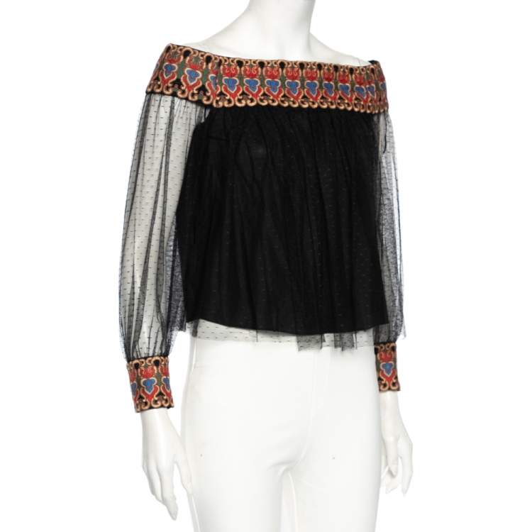 Pre Owned Alice + Olivia Black Embroidered Tulle Off-Shoulder Blouse XS
