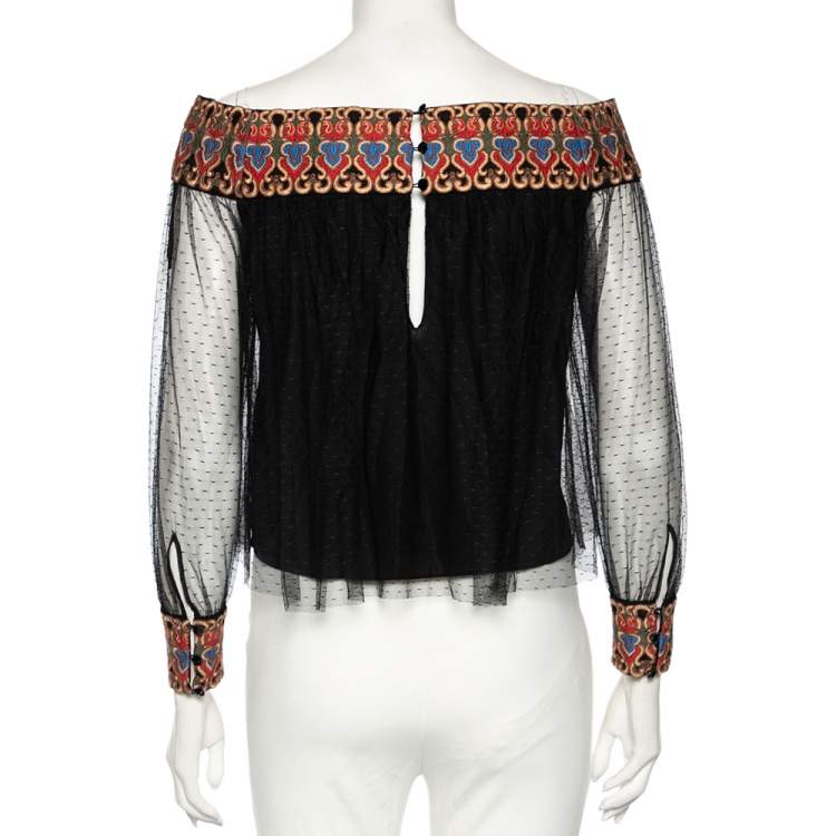 Pre Owned Alice + Olivia Black Embroidered Tulle Off-Shoulder Blouse XS