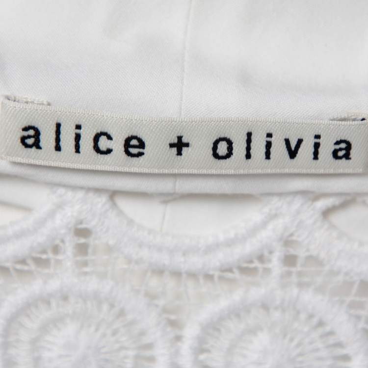 Pre Owned Alice + Olivia White Eyelet Cotton Neck-Tie Detailed Shirt S