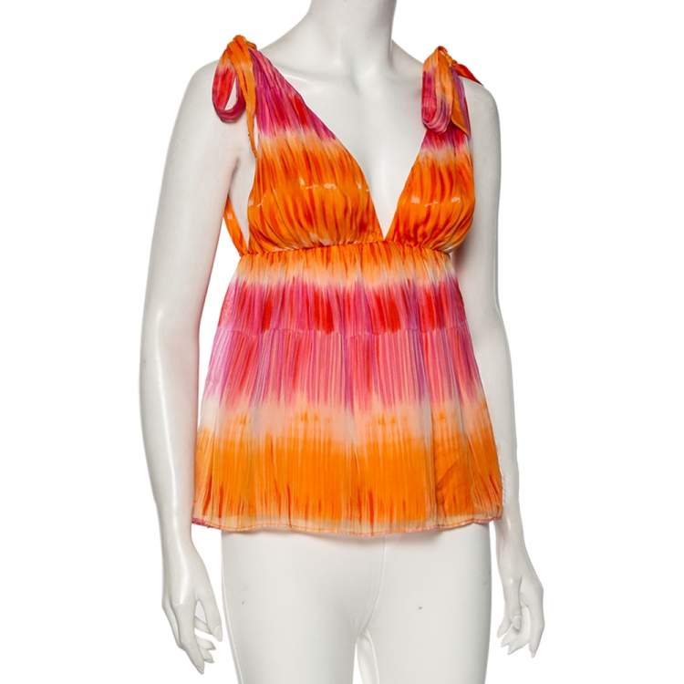 Pre Owned Alice + Olivia Orange & Pink Silk Plunge Neck Tie-Up Detail Top S