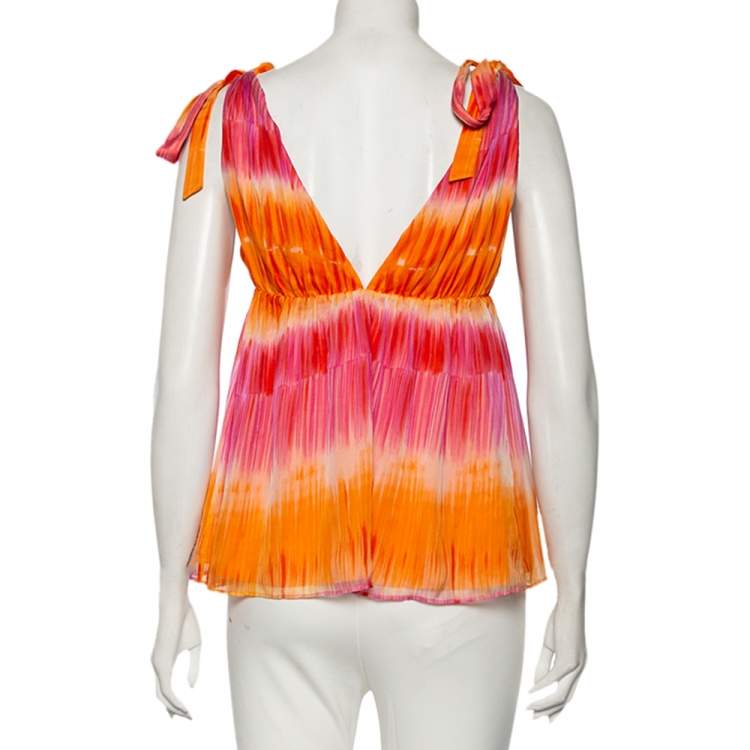 Pre Owned Alice + Olivia Orange & Pink Silk Plunge Neck Tie-Up Detail Top S