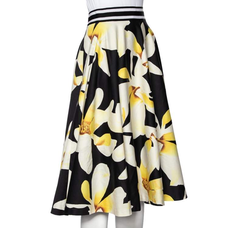 Pre Owned Alice + Olivia Black Magnolia Print Cotton Dianna Midi Skirt L