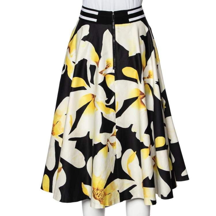 Pre Owned Alice + Olivia Black Magnolia Print Cotton Dianna Midi Skirt L