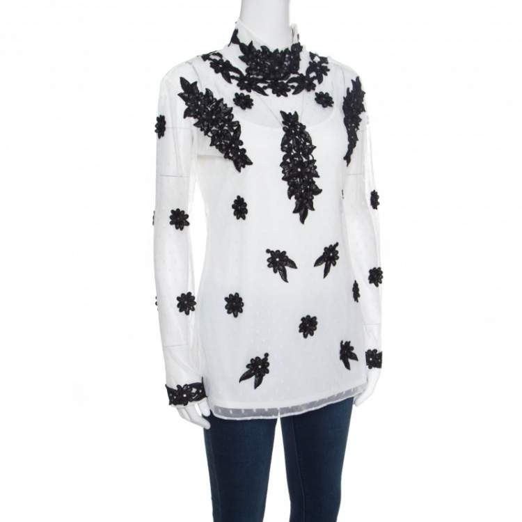 مملوكة مسبقًا Alice by Temperley White Dotted Tulle Contrast Floral Lace Applique Evelyn Top M