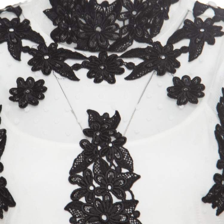 مملوكة مسبقًا Alice by Temperley White Dotted Tulle Contrast Floral Lace Applique Evelyn Top M