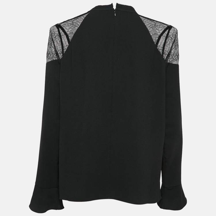 Pre Owned All Saints Black Crepe Lace Trimmed Shoulder Top L
