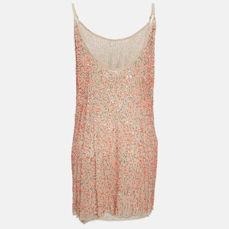 Pre Owned AllSaints Beige Sequin Crepe Sleeveless Raw-Edge Mini Dress M