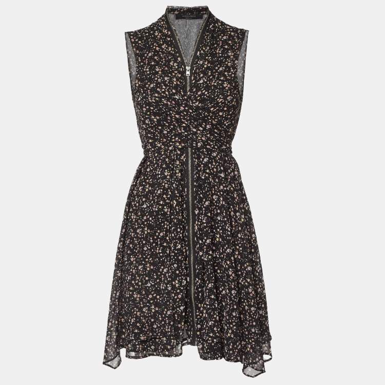 مملوكة مسبقًا All Saints Black Floral Print Crepe Zip Detail Mini Jayda Pepper Dress M