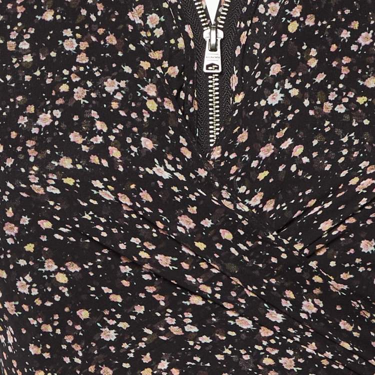 مملوكة مسبقًا All Saints Black Floral Print Crepe Zip Detail Mini Jayda Pepper Dress M
