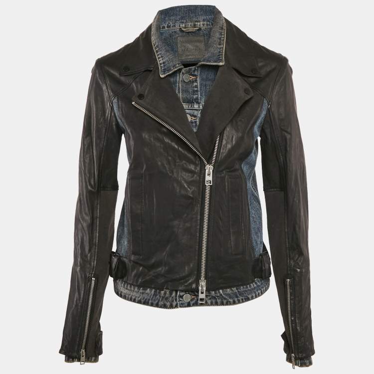 Pre Owned All Saints Denim and Leather Zip-Up Biker Jacket M