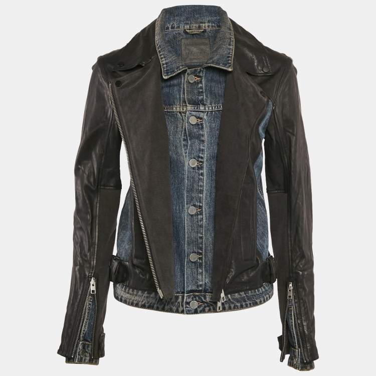 Pre Owned All Saints Denim and Leather Zip-Up Biker Jacket M