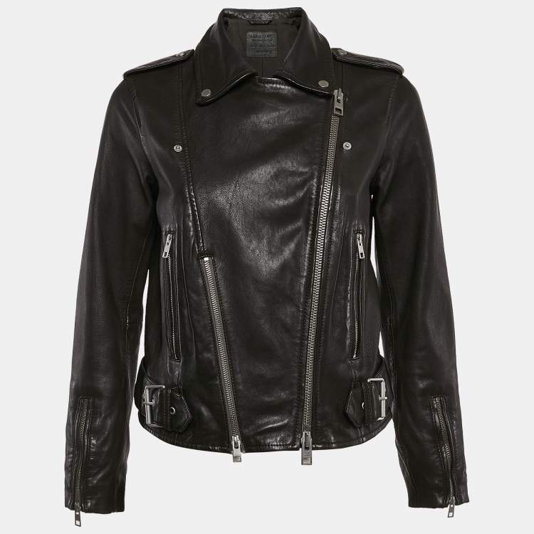 Pre Owned AllSaints Charcoal Grey Leather Zip-Up Addison Biker Jacket M