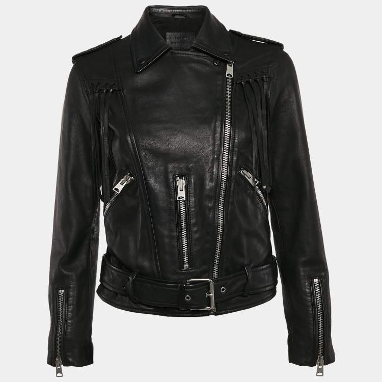 Pre Owned All Saints Black Leather Zip-Up Tassel Detail Balfern Biker Jacket S