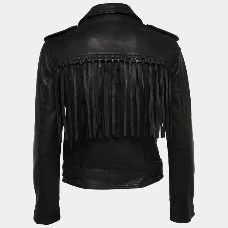 Pre Owned All Saints Black Leather Zip-Up Tassel Detail Balfern Biker Jacket S
