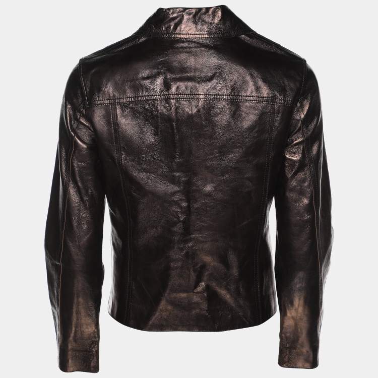 Pre Owned All Saints Metallic Brown Leather Double Breasted Jacket S