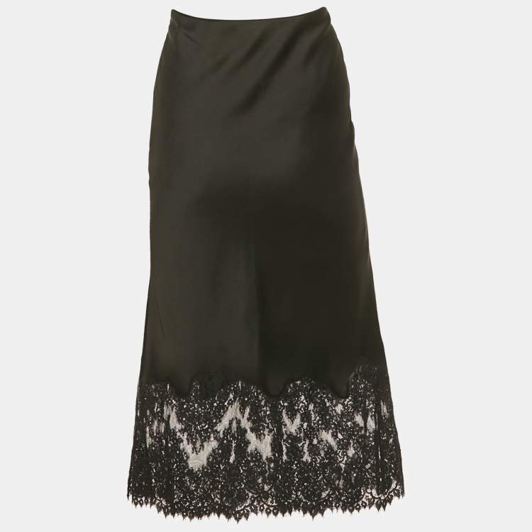 Pre Owned All Saints Black Satin Lace Trim Bridgette Midi Skirt S