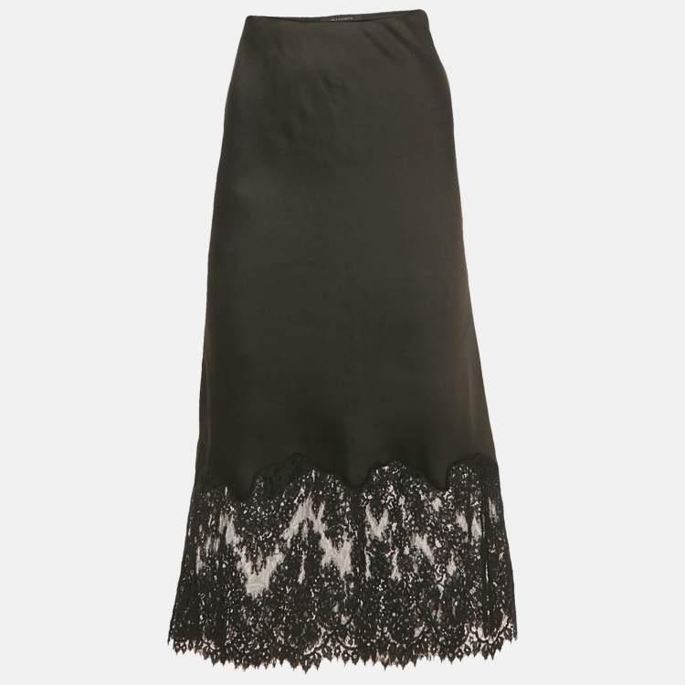 Pre Owned All Saints Black Satin Lace Trim Bridgette Midi Skirt S