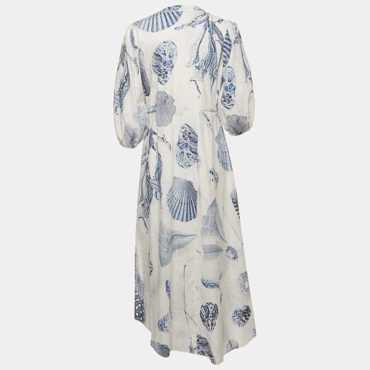 Pre Owned All Saints Blue/White Printed Cotton Dalia Oceano Midi Dress S