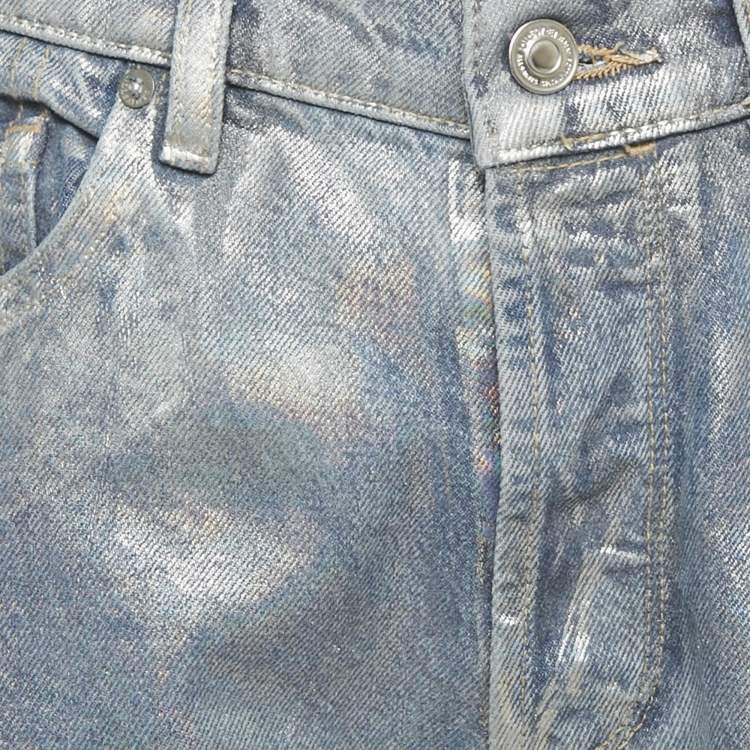 Pre Owned All Saints Blue Metallic Coated Denim Cropped Raw Hem Jeans M Waist 28"