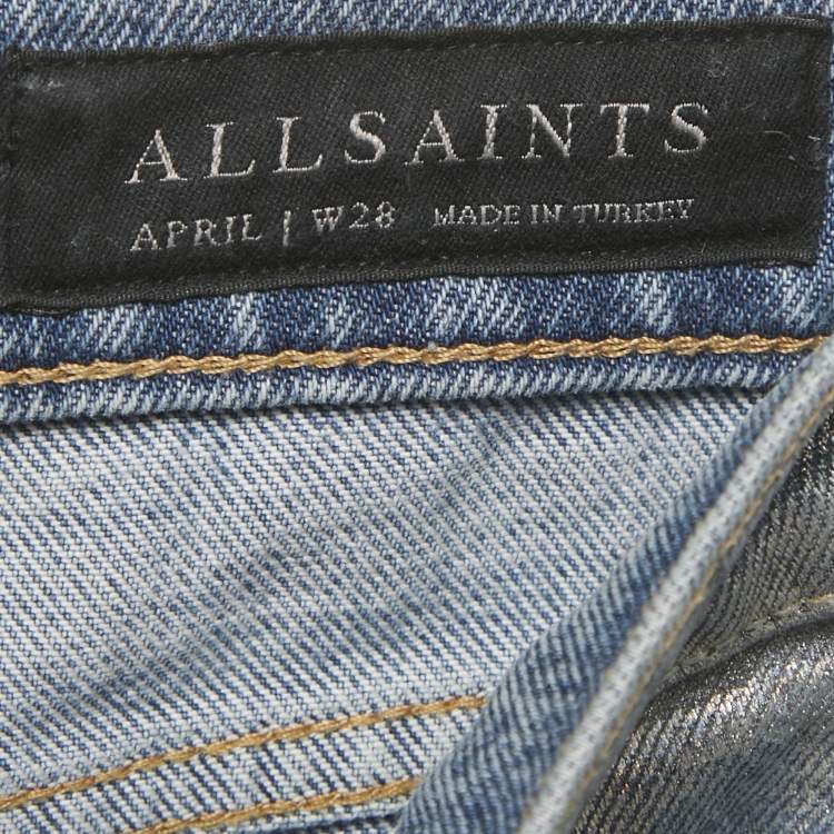 Pre Owned All Saints Blue Metallic Coated Denim Cropped Raw Hem Jeans M Waist 28"