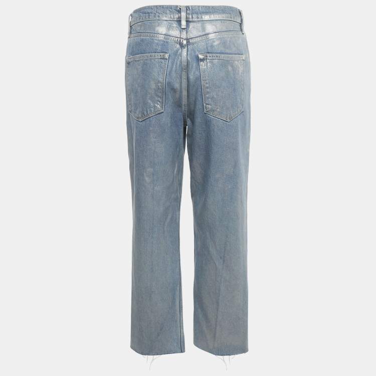 Pre Owned All Saints Blue Metallic Coated Denim Cropped Raw Hem Jeans M Waist 28"