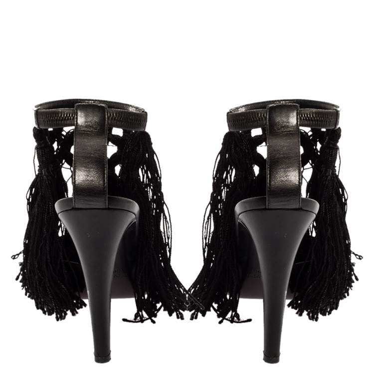 Pre Owned Altuzarra Black Leather Tassel Embellished Ankle Strap Pointed Toe Pumps Size 38