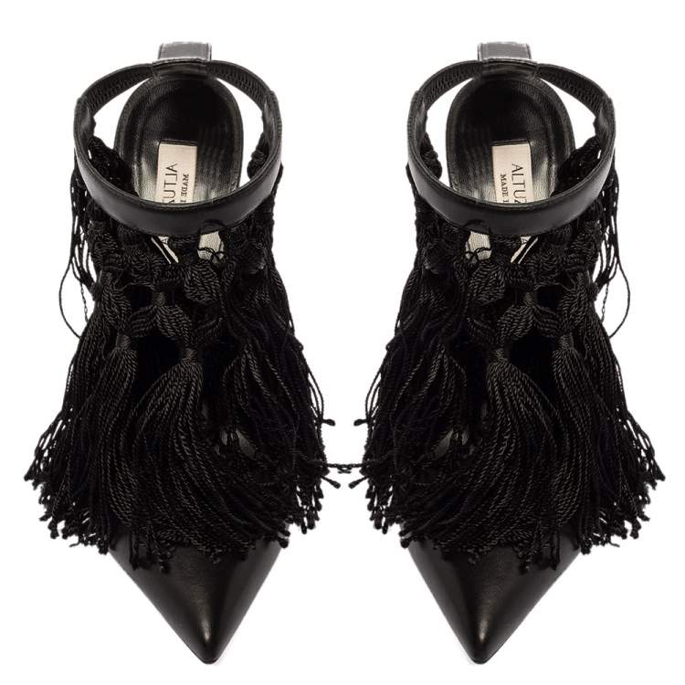 Pre Owned Altuzarra Black Leather Tassel Embellished Ankle Strap Pointed Toe Pumps Size 38