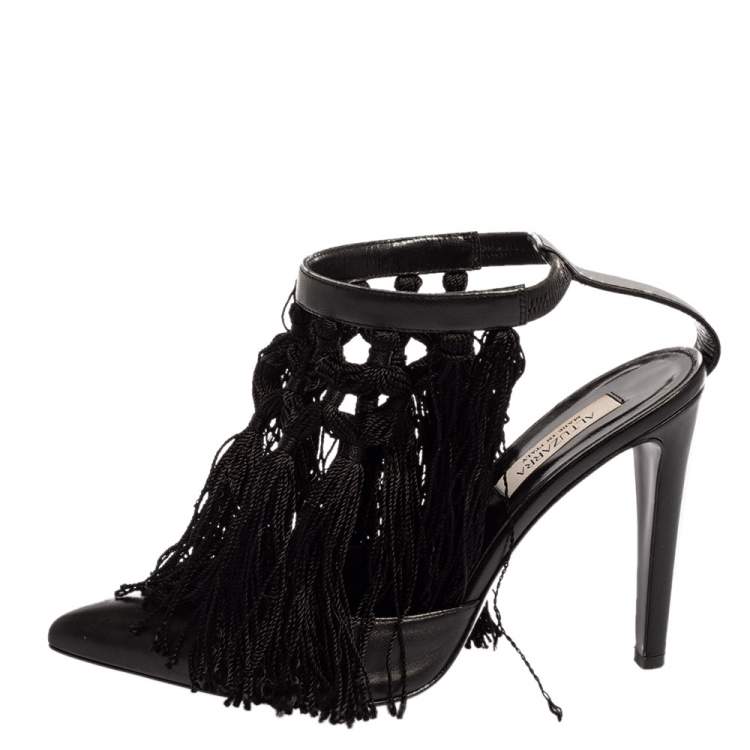 Pre Owned Altuzarra Black Leather Tassel Embellished Ankle Strap Pointed Toe Pumps Size 38