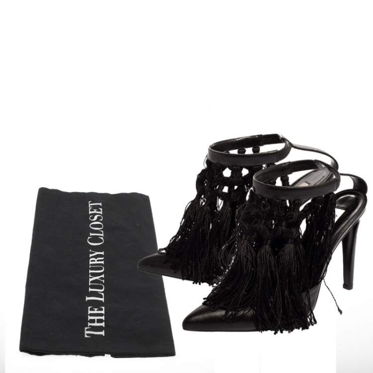 Pre Owned Altuzarra Black Leather Tassel Embellished Ankle Strap Pointed Toe Pumps Size 38