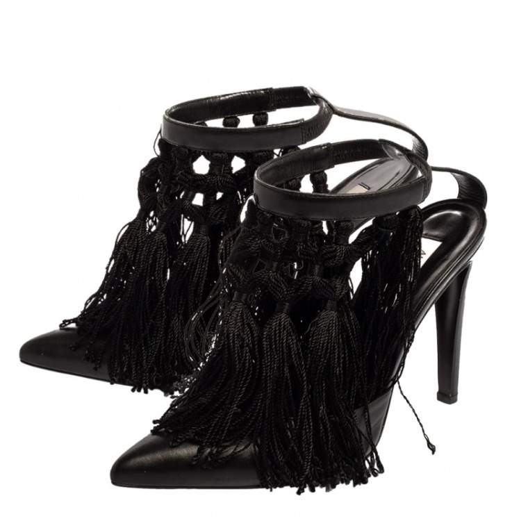 Pre Owned Altuzarra Black Leather Tassel Embellished Ankle Strap Pointed Toe Pumps Size 38
