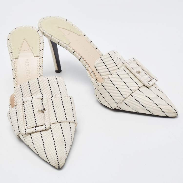 Pre Owned Altuzarra Cream/Black Canvas Buckle Izy Mules Size 39