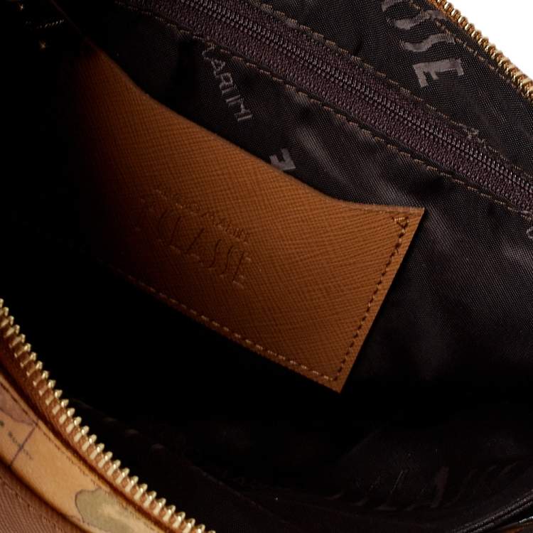 Pre Owned Alviero Martini 1A Classe Tan Geo Print Coated Canvas and Leather Zip Shoulder Bag