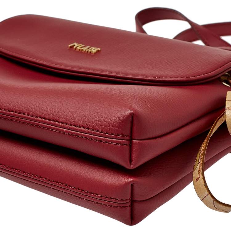 Pre Owned Alviero Martini 1A Classe  Red/Tan Geo Leather and Coated Canvas Flap Crosbbody Bag