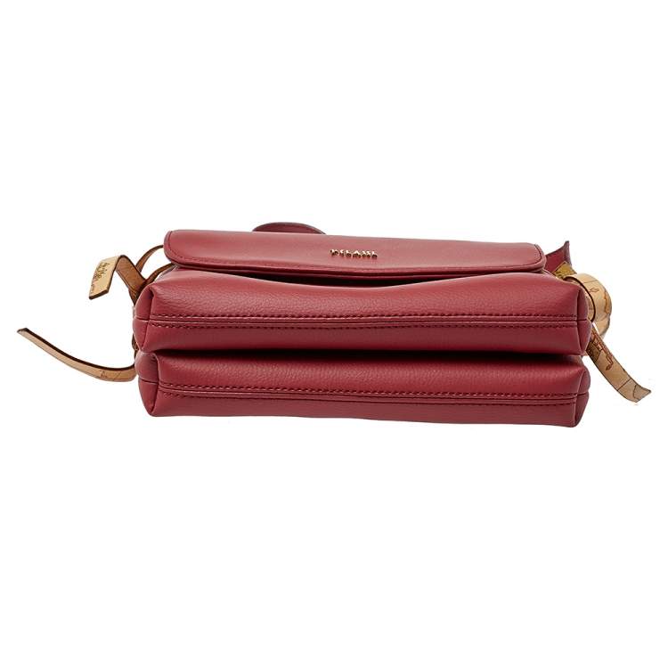 Pre Owned Alviero Martini 1A Classe  Red/Tan Geo Leather and Coated Canvas Flap Crosbbody Bag
