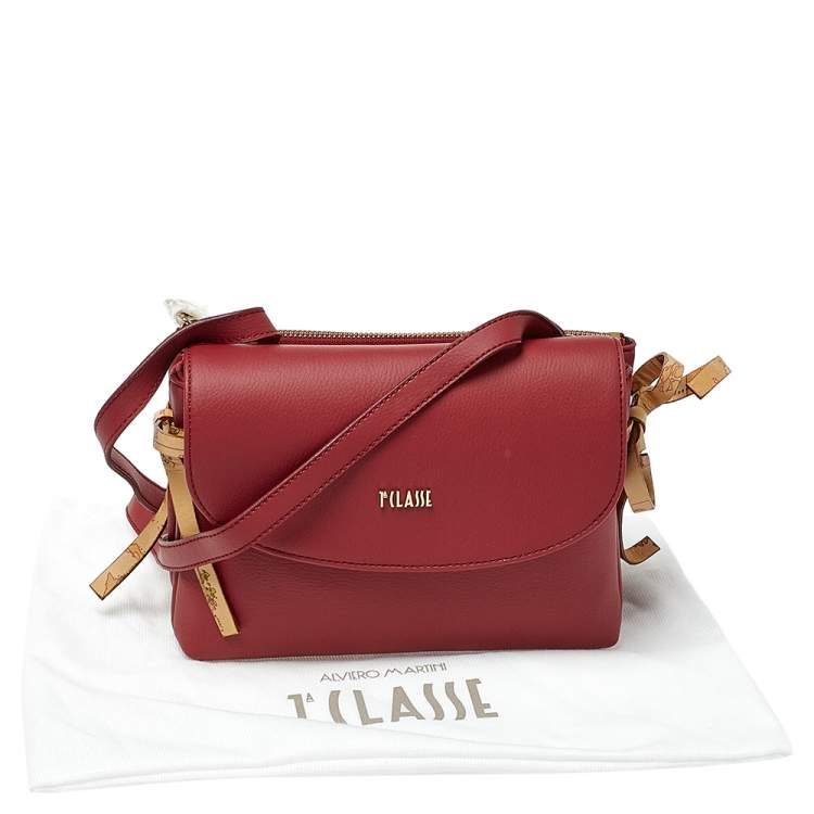 Pre Owned Alviero Martini 1A Classe  Red/Tan Geo Leather and Coated Canvas Flap Crosbbody Bag