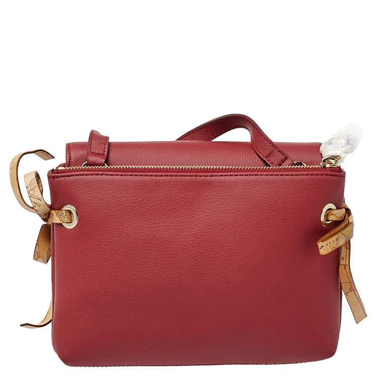 Pre Owned Alviero Martini 1A Classe  Red/Tan Geo Leather and Coated Canvas Flap Crosbbody Bag