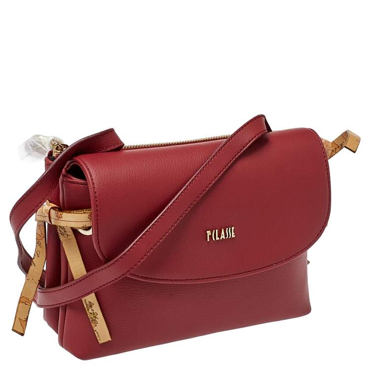Pre Owned Alviero Martini 1A Classe  Red/Tan Geo Leather and Coated Canvas Flap Crosbbody Bag