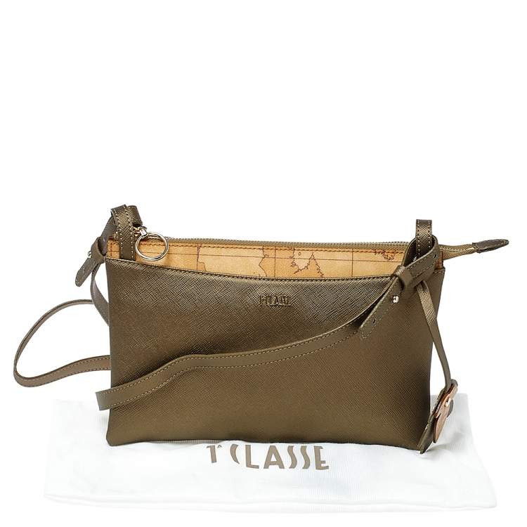 Pre Owned Alviero Martini 1A Classe Metallic Green/Tan Geo Print Coated Canvas and Leather Zip Shoulder Bag